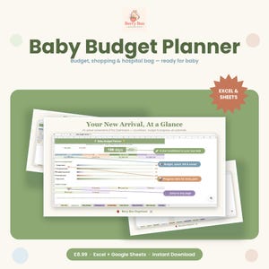 Puede incluir: Un planificador de presupuesto para bebés digital para Excel y Google Sheets de Berry Bun Organised. La interfaz muestra un panel titulado Your New Arrival, At a Glance, con una cuenta regresiva de 198 días, seguimiento de presupuesto y pestañas.
