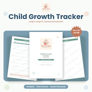 May include: A printable child growth tracker document set featuring a logo with a rabbit holding a strawberry. The pages include sections for height, weight, and milestones, with text reading Child Growth Tracker, Printable Edition, and A4 + US Letter.