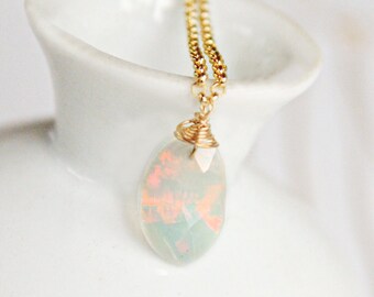 Ethiopian Opal Pendant & chain 14K GF, 14K GF, Rose Cut Opal Pendant Princess Wedding Gift for You, Dainty Elegant Light colorful Jewelry