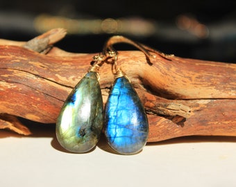 Dangling Labradorite Wirewrapped Gemstones 14K GF Massive Gemstone Earrings Brides Jewely Gift for Her June Birthstone Designer Jewelry