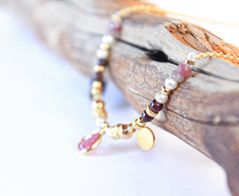 Pink Multiple Gemstone Choker 14K GoldFill Boho Romantic Princess Unique Jewelry Her Bridal Artisan Jewelry image 10