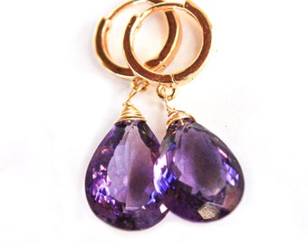 Amethyst, baumelnde Ohrringe an 14 K wirewrapping Goldfill Gold Haken, Geschenk für Sie, Brautschmuck, Edel