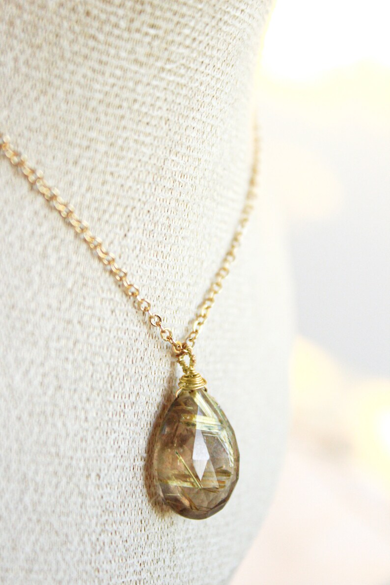 Golden Rutile Pendant Necklace 14K Goldfilled Chain Wireprapped Faceted Drop Briolette One-of-a kind-Jewelry image 5