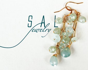 Aquamarine Aqua-Chalcedony bohemian Princess, Dangling crystal gemstone chandeliers 14K Goldfilled, make a gift, OOAK her artisan earrings