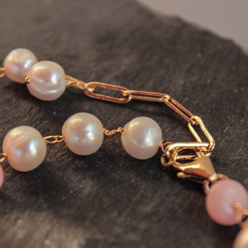 Pink Opal Sweetwaterpearl on sale Bracelet, 18K Gold, Gift for Her, Bohostyle Jewelry OOAK artesan, elegant Jewelry 4 Princesses & Beloved friend