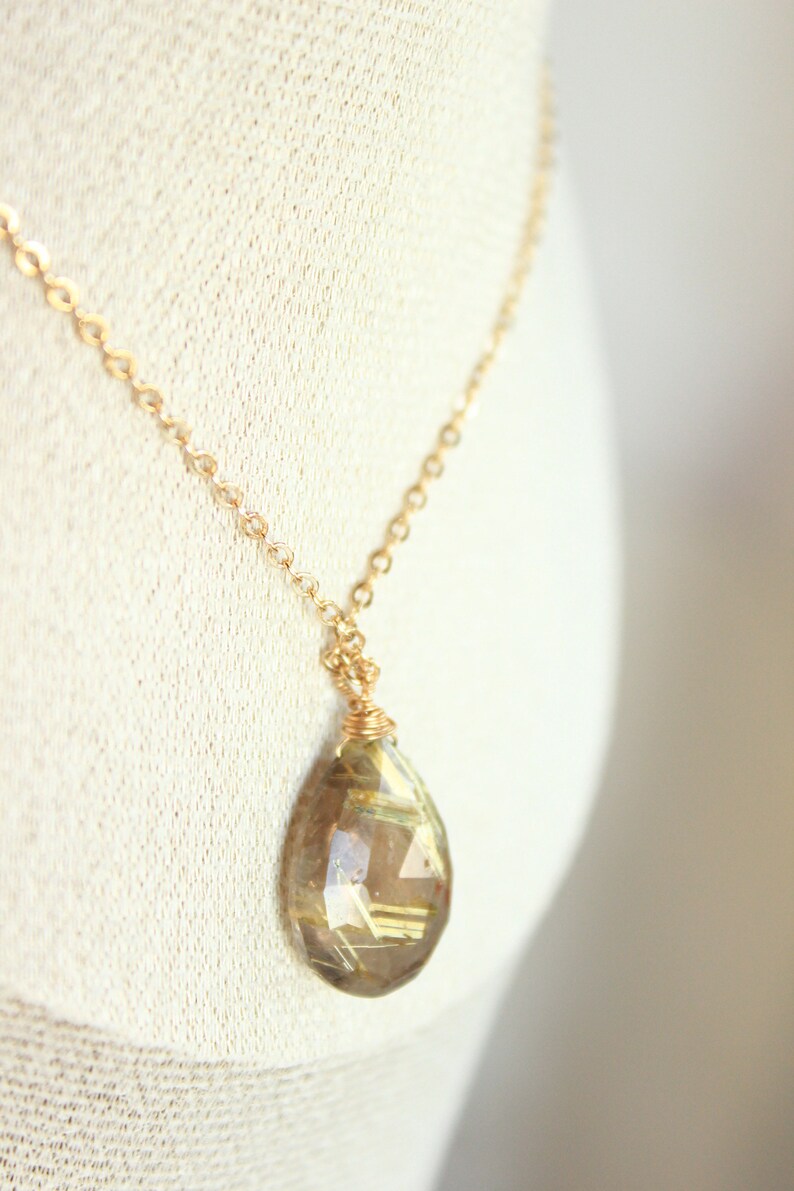 Golden Rutile Pendant Necklace 14K Goldfilled Chain Wireprapped Faceted Drop Briolette One-of-a kind-Jewelry image 4