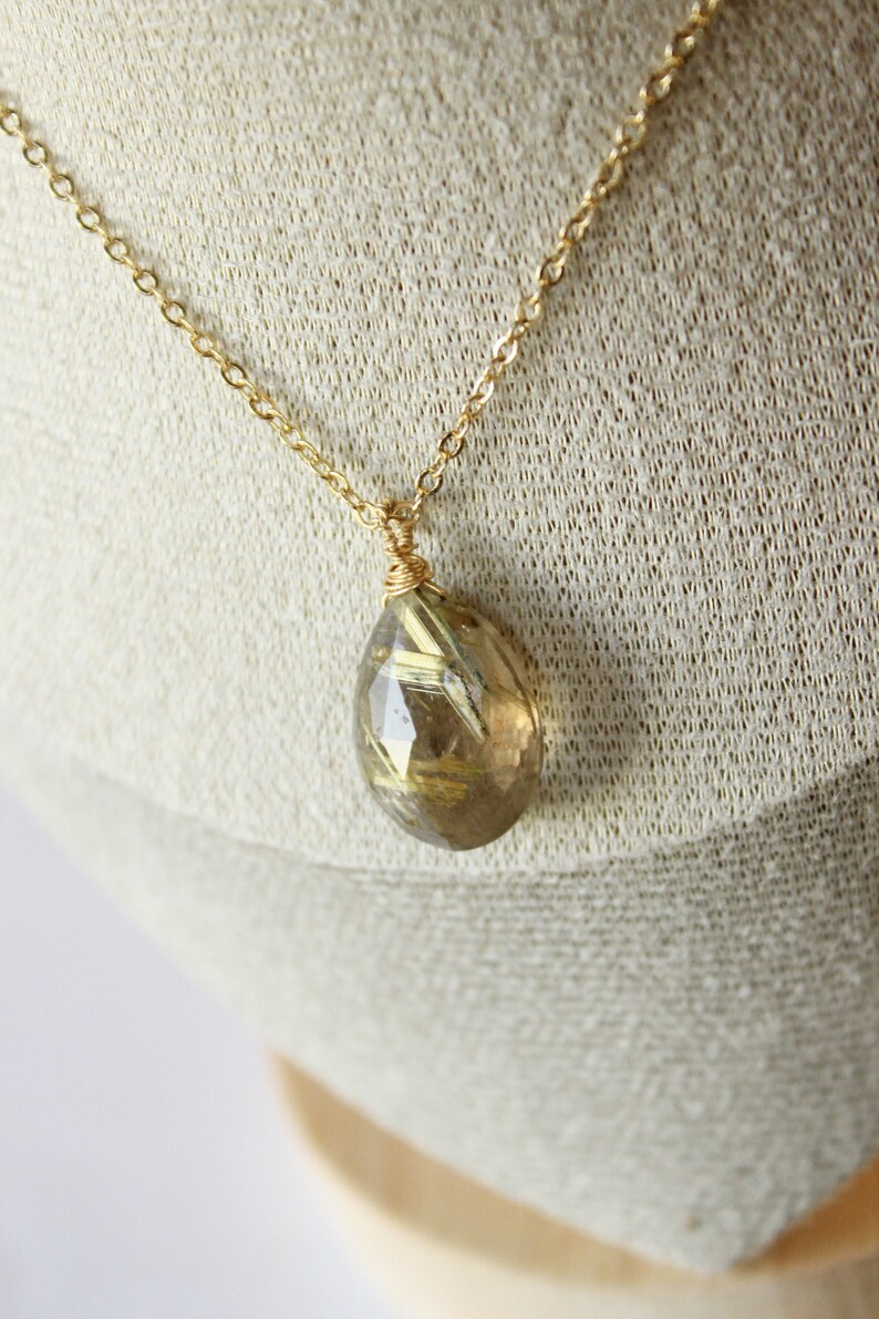 Golden Rutile Pendant Necklace 14K Goldfilled Chain Wireprapped Faceted Drop Briolette One-of-a kind-Jewelry image 7