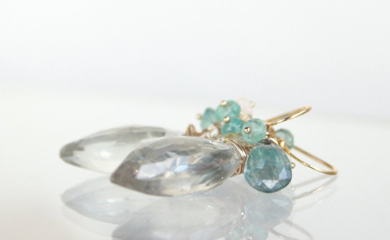 Gemstone cluster artesan Earrings OOAK 18K Gold Green Amethyste Dangling Golden Rutile Prehnite Blue Topaz Opal Beryll Boho Bridal Gift 4her 