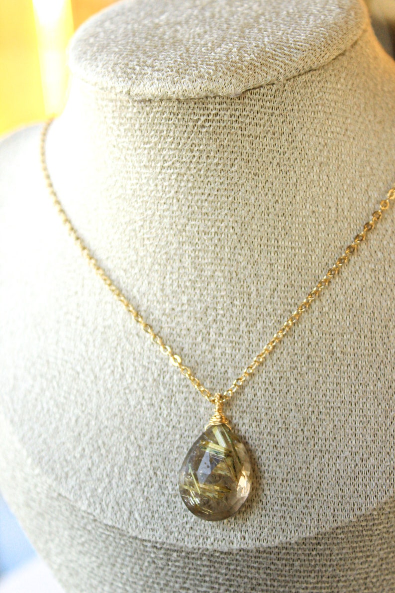 Golden Rutile Pendant Necklace 14K Goldfilled Chain Wireprapped Faceted Drop Briolette One-of-a kind-Jewelry image 9