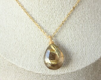 Golden Rutile Pendant Necklace 14K Goldfilled Chain Wireprapped Faceted Drop Briolette One-of-a kind-Jewelry