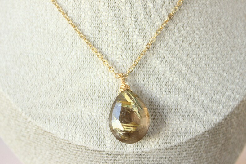 Golden Rutile Pendant Necklace 14K Goldfilled Chain Wireprapped Faceted Drop Briolette One-of-a kind-Jewelry image 1