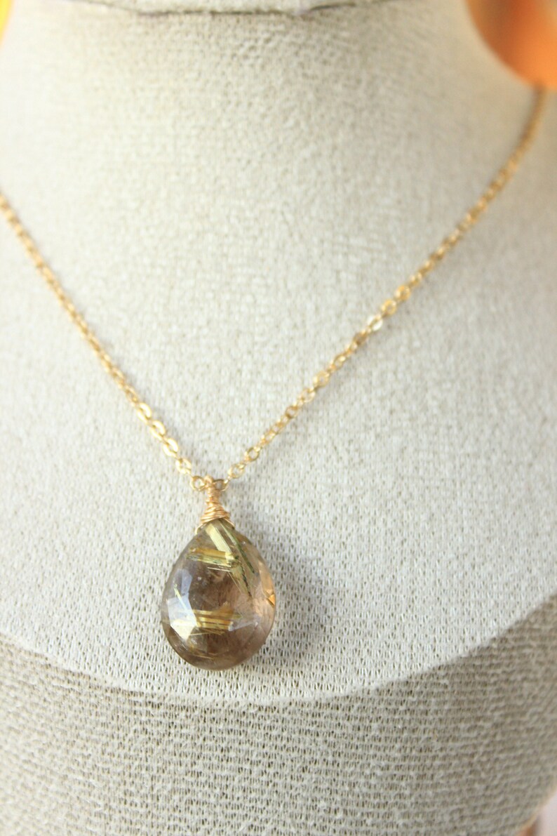 Golden Rutile Pendant Necklace 14K Goldfilled Chain Wireprapped Faceted Drop Briolette One-of-a kind-Jewelry image 6