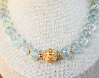 Aquamarine Collier 585 Gold Necklace 24K GF Beaded Chunky Natural Gemstone Gift 4 Her Extraclassy Handcrafted Designer Jewelry