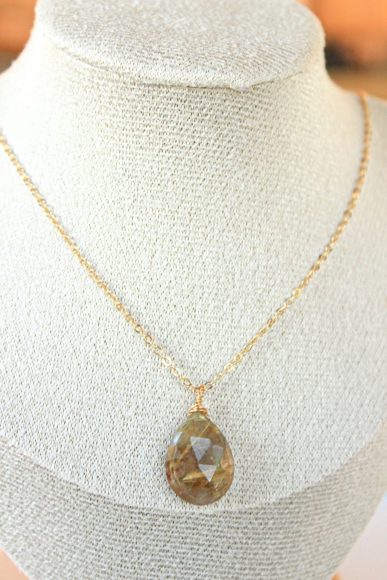 Golden Rutile Pendant Necklace 14K Goldfilled Chain Wireprapped Faceted Drop Briolette One-of-a kind-Jewelry image 2