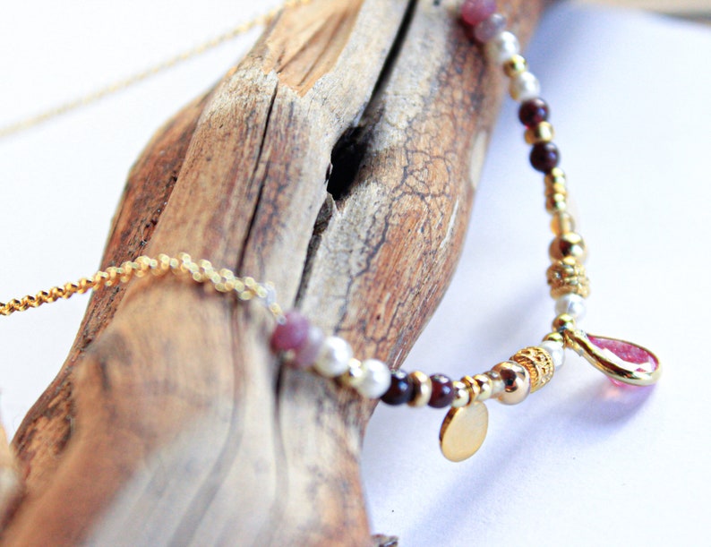 Pink Multiple Gemstone Choker 14K GoldFill Boho Romantic Princess Unique Jewelry Her Bridal Artisan Jewelry image 4