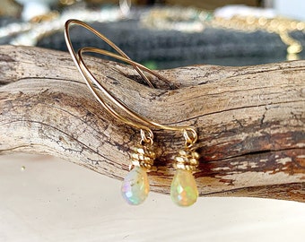 Ethiopian Welo Fire Opal Wire Earrings, 14K GF, lightweight long dangling Ethiopian Opal Earrings, Brides Jewely, Gift 4 Her, Octoberstone