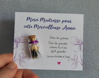 Cadeau Maîtresse / Maître / Atsem et Nounou - Texte personnalisable / fiole graines oeuillets d'inde