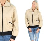 Puffer Jacket 70s Beige Quilted Retro Puffy Jacket Insulated Zip Up Vintage Hipster Soft Cotton Winter Short Blazer Coat Vintage Puff M