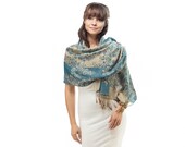 Pashmina Scarf Shawl Teal Blue Beige Abstract Floral Fringe Large Wedding Scarf Festival Pashmina Winter Shawl New Women Men GIFT IDEA