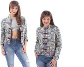 ASIAN Jacket 90s Floral Crop Quilted cket Cropped Cotton Flower Printed Mandarin Collar Blue Red Green Button Up , Urban . Medium SKU 3321
