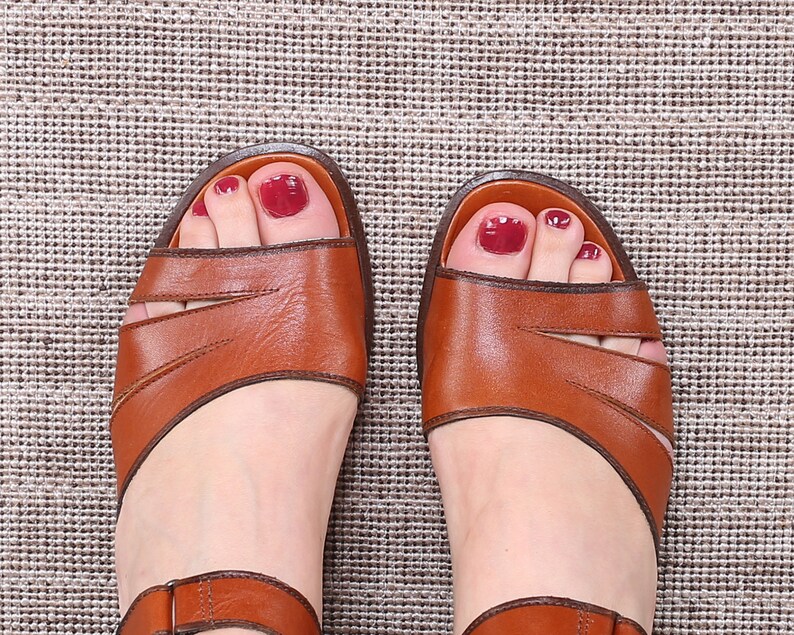 Us 6 Strap Leather Sandals 80s Rustic Brown Ankle Strap Rustic Brown Slingback Flat Summer Sandals Open Toe Chunky Heel UK 3.5 EUR 36
