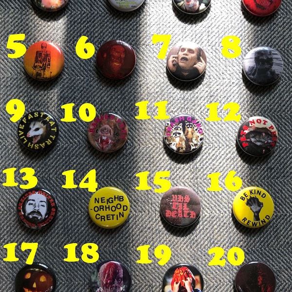 Pick Your Own Button Pack! - Horror, Punk, Animal Rights, 80s Buttons, Mandy, Midsommar, Cult, True Crime, Satanism, Evil Dead 2, 80s Horror