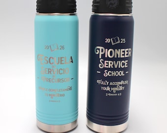 May include: Two insulated water bottles. One is light blue with silver text that reads "Escuela de Servicio de Precursor". The other is navy blue with silver text that reads "Pioneer Service School". Both have black lids and silver bottoms.