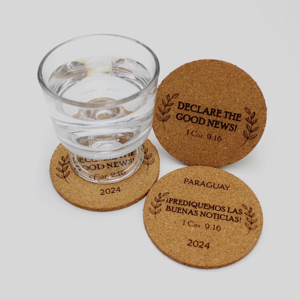 Declare the Good News 2024 Special Convention coasters in Spanish and English, for different Locations