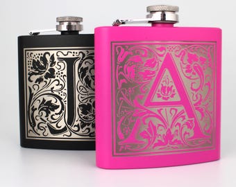 Floral Retro Initial Letter 6oz Flask | Personalized  - Laser Engraved with Morris-Inspired Design
