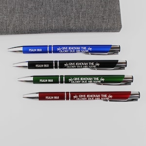 May include: Four pens with silver accents and different colored barrels: blue, black, green, and red. Each pen has the text "PSALM 96:8" and "GIVE JEHOVAH THE GLORY DUE HIS NAME" printed on it.