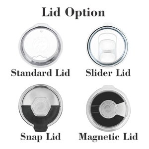 May include: Four circular tumbler lids labeled Lid Option. Top left: Standard Lid, a clear plastic lid with a sip opening. Top right: Slider Lid, a clear lid with a sliding mechanism. Bottom left: Snap Lid, a clear lid with a black snap closure. Bottom right: Magnetic Lid, a clear lid with a black magnetic component.