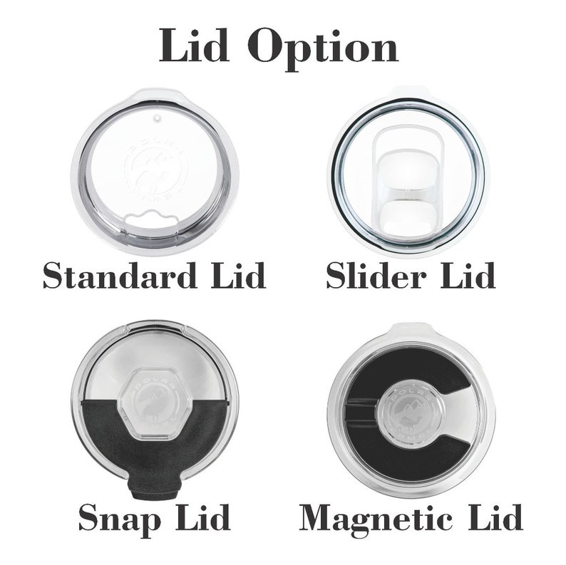 May include: Four circular tumbler lids labeled Lid Option. Top left: Standard Lid, a clear plastic lid with a sip opening. Top right: Slider Lid, a clear lid with a sliding mechanism. Bottom left: Snap Lid, a clear lid with a black snap closure. Bottom right: Magnetic Lid, a clear lid with a black magnetic component.