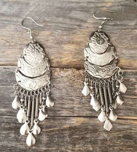 BOHO EARRINGS, Vintage Silver Drop Earrings, Hippie Bohemian Style  Earrings, Unique Gift circa 1980s - Main Image