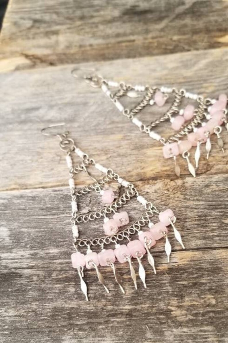 Drop Ohrringe Vintage Tropfen Kronleuchter Ohrringe Rosa Und Silber Handgefertigte Artikel Aus Den 1980er Jahren