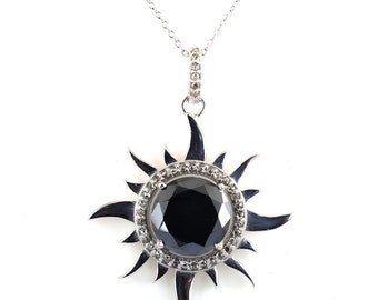 RARE 11 Ct Round Brilliant Cut Black Diamond Solitaire Pendant With Diamonds in Sun Design- FREE Diamond Studs Offer
