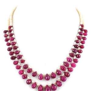 Two Row African Ruby Gemstone Necklace With Freshwater Pearls, Free Dangler Earrings, Birthday Gift, Pearl Jewelry, Ruby Jewelry