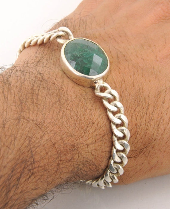 Designer Emerald Gemstone Bracelet in 925 Sterling Silver, Men Jewelry, Men Bracelet, Christmas Gift,Anniversary Gift