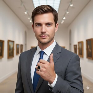 Peut inclure: Un homme en costume gris et cravate bleue lève le pouce. Il porte une bague en argent avec une grosse pierre noire carrée. L'arrière-plan est un couloir de musée avec des peintures.