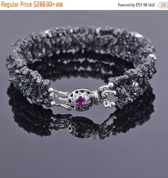 Three Row Rough Black Diamond Bracelet With Designer Ruby Clasp, 925 Sterling Silver, 4mm-5mm Certified Diamond, Great Sparkle!