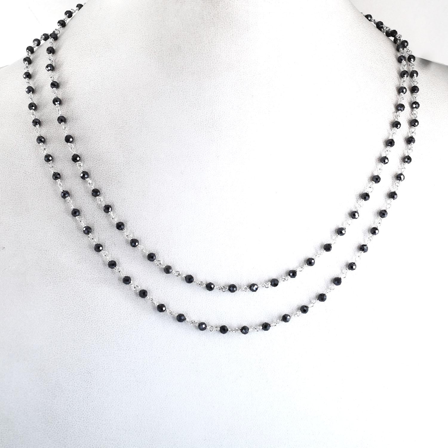 3mm,36 Inches Black Diamond Faceted Beads Long Necklace in Sterling 925 Silver