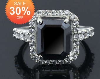 3 Ct Emerald Cut Black Diamond Solitaire Ring with White Signity Stones in 925 Sterling Silver Engagement Ring