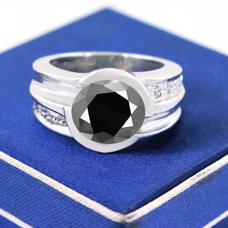 Men Ring Black Gold 4ct,5ct Black Diamond Solitaire Ring With White Diamond Accents in White Gold Custom Size