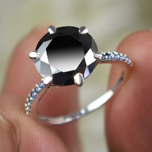 Certified 2ct-5ct Black Diamond Solitaire Ring In Sterling Silver with Blue Sapphire Accents Ring