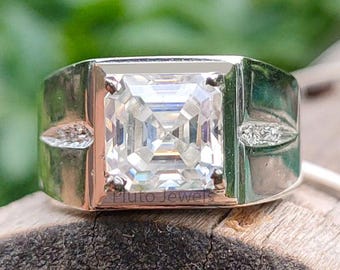 Amazing 3.05 Ct Ascher Cut Lab Created White Diamond Man Ring, 925 Silver