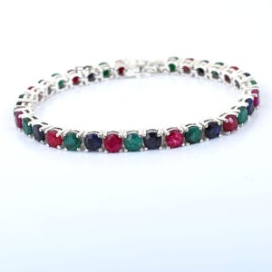 5mm Ruby, Emerald and Sapphire Tennis Bracelet, 925 Silver