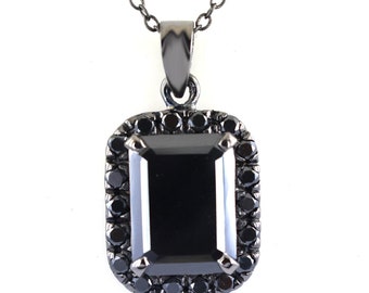 Certified 7Ct Emerald Cut Black Diamond Solitaire Pendant In Black Gold With Black Diamond Accents, Unisex Christmas Gift !