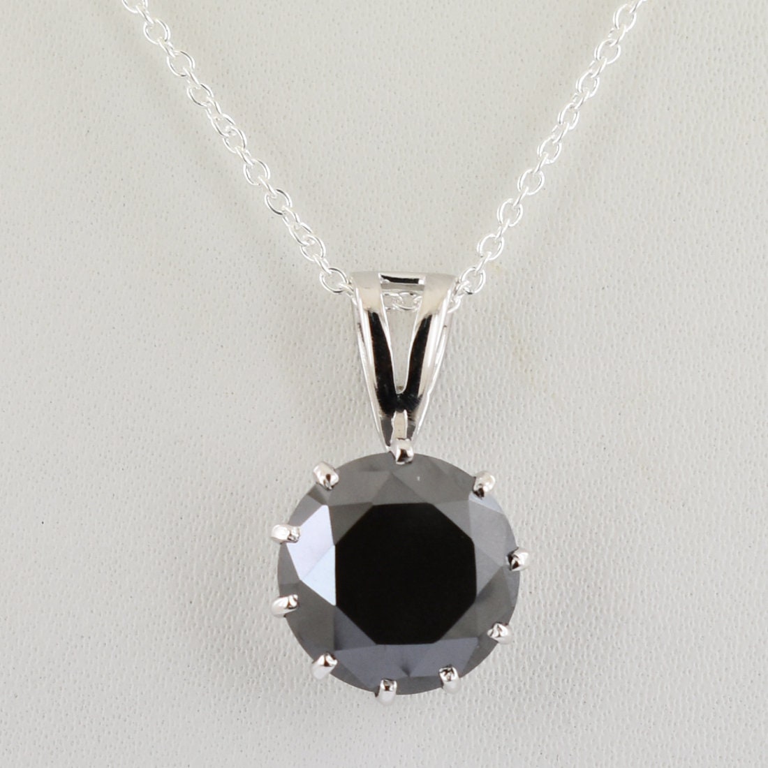RARE 12ct  Round Brilliant Cut Black Diamond Solitaire Pendant In Prong Setting, Great Shine & Bling, Christmas Gift !