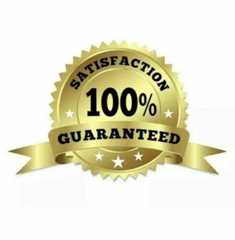 May include: A gold seal with a white star on each side of the text "100% GUARANTEED". The seal has a gold ribbon with the text "SATISFACTION" around it.