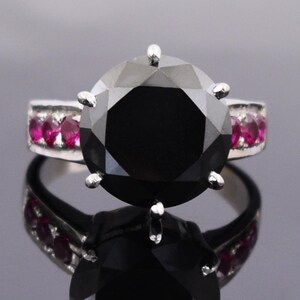 Black Diamond Solitaire Ring With Ruby Accents, 925 Sterling Silver, 3.00 Ct - 5.00 Ct Certified Diamond, Christmas gift, Birthday gift !