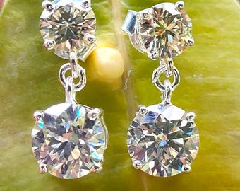 Elegant Brilliant Cut Lab Created White Diamond Dangler Earrings in 925 Silver , Gift For Wife , Gift For Him